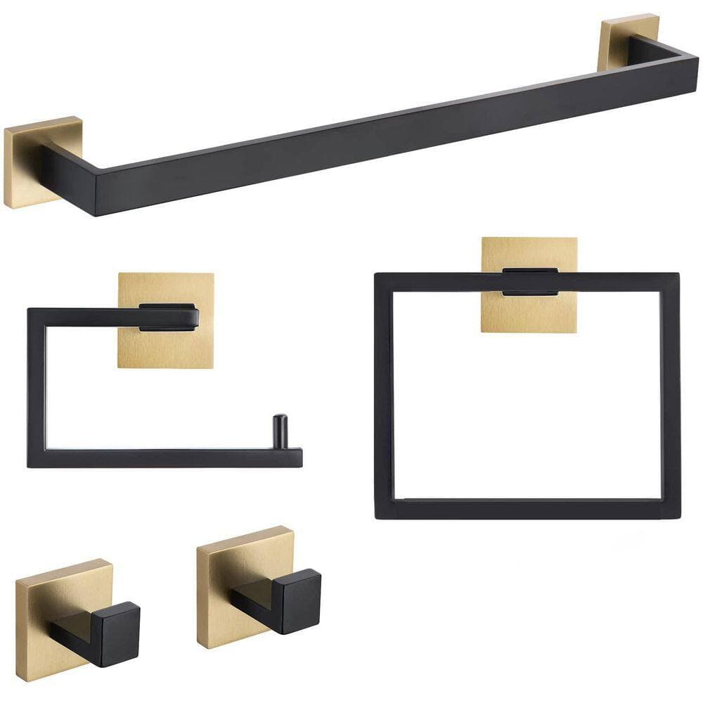 LAIFUCAM 5-Piece Bathroom Hardware Set with Towel Bar Toilet Paper Holder Towel Ring Coat Hooks in Black and Gold (1)