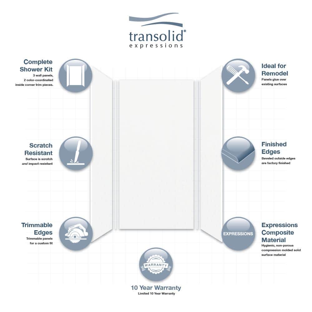 Transolid Expressions 36 in. x 36 in. x 72 in. 3-Piece Easy Up Adhesive Alcove Shower Wall Surround in White (3)