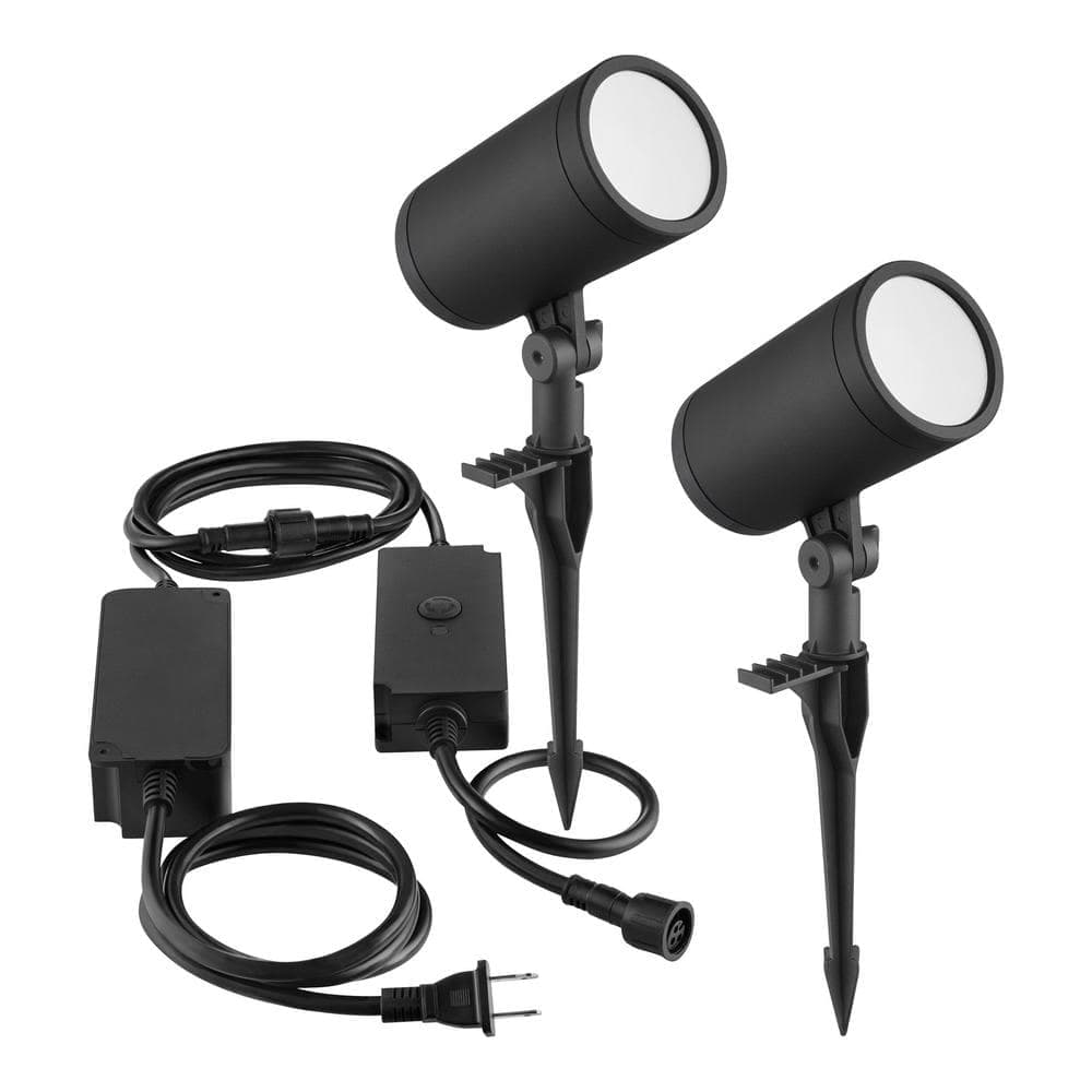 Hampton Bay Smart Black RGBw Hardwired Integrated LED Outdoor Spotlight Kit with Transformer Powered by Hubspace (2-Pack) (3)