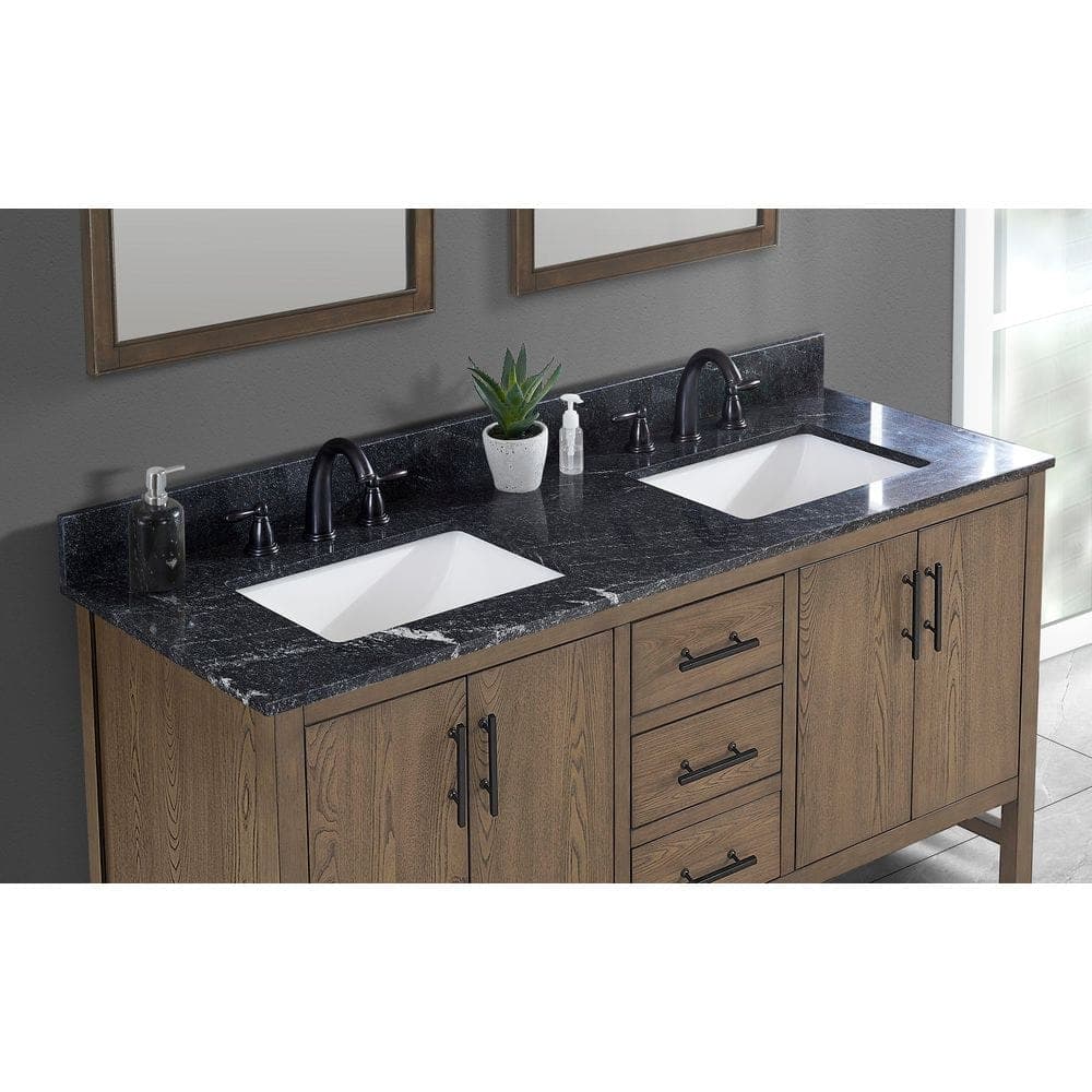 Tile and Top 61 in. W x 22 in. D Granite White Rectangular Double Sink Vanity Top in Storm Black (3)