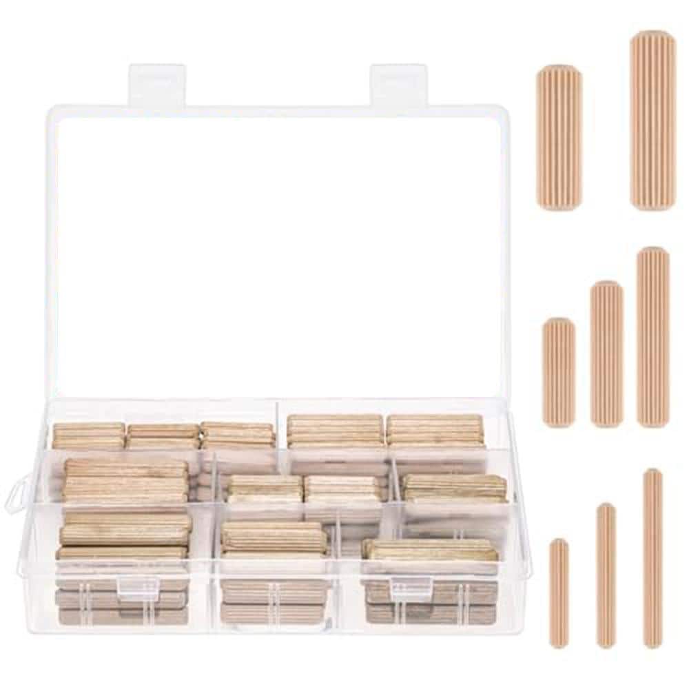 KIWDZFU Assorted Fluted Wooden Dowel Pins Pegs Kit for Furniture Woodworking DIY Crafts 8 Sizes Pack of 225 Pieces (1)