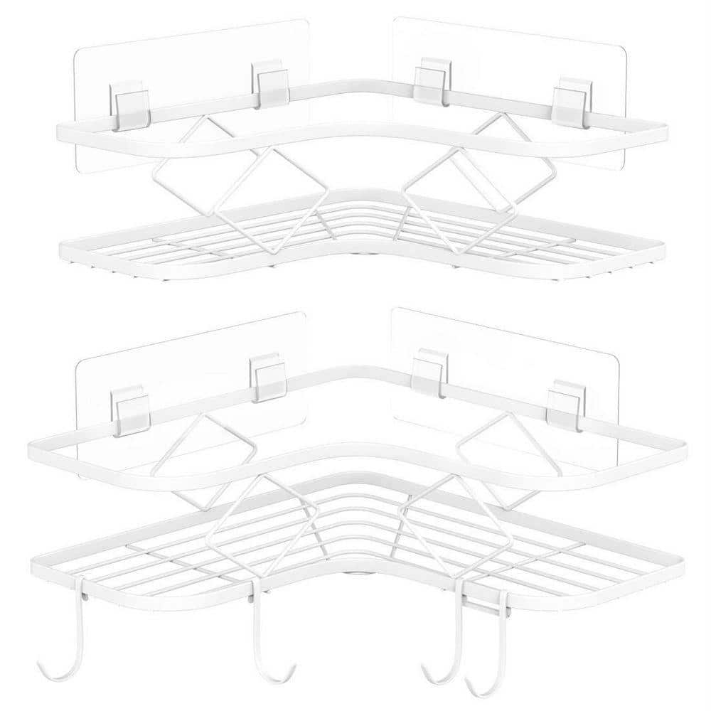 Dracelo Wall Mounted Bathroom Shower Caddies Adhesive Type Coner Storage Shelves with 3 Movable Hooks in. White 2-Pack (1)