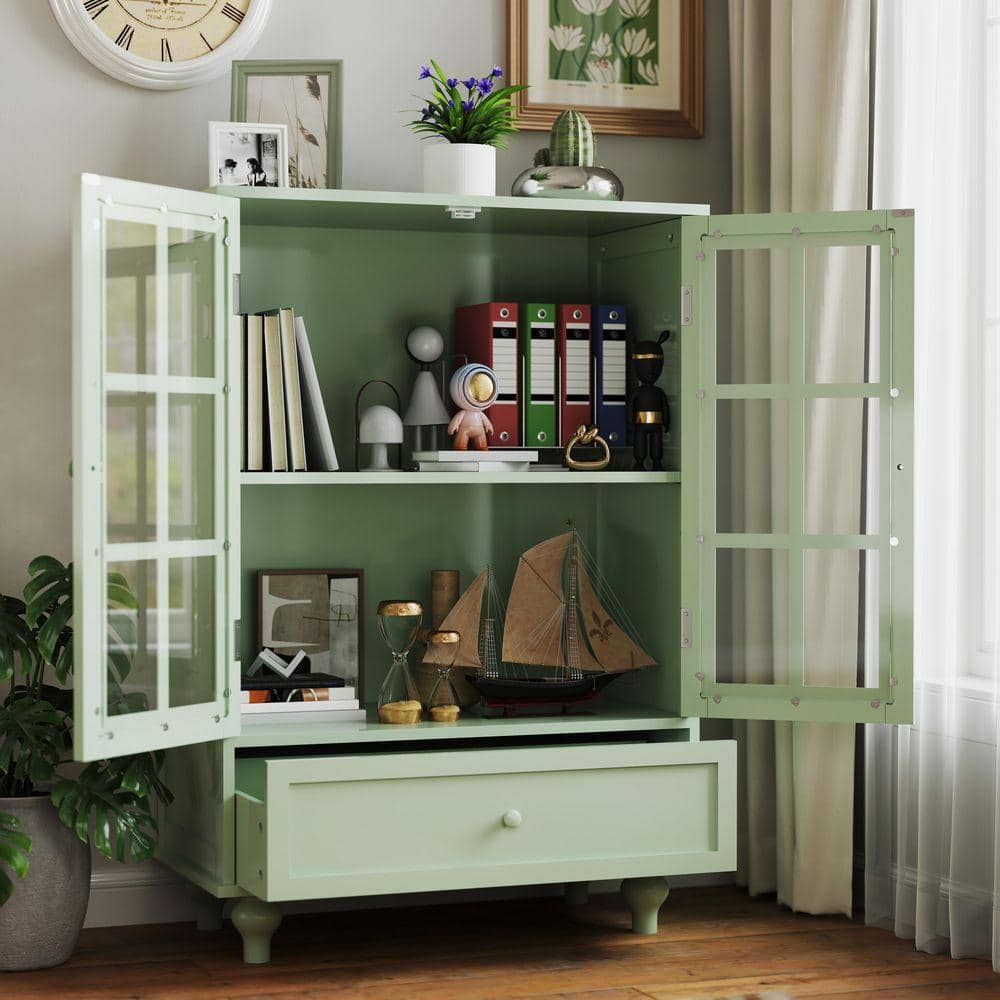 COWLOWN 28 in. W x 15 in. D x 38 in. H Green Linen Cabinet with Double Glass Doors and Drawer (2)