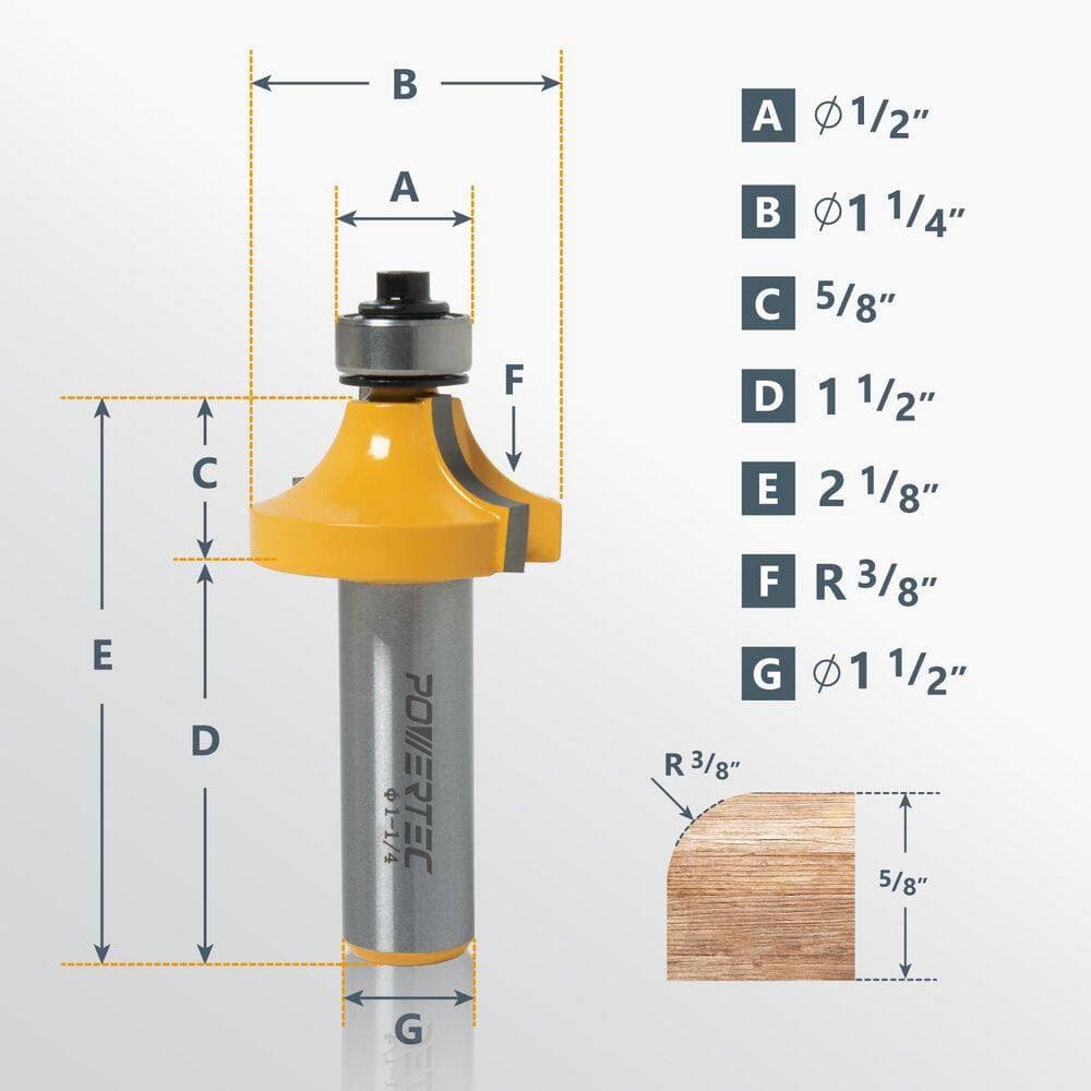 ‎POWERTEC Roundover Router Bit w/ Top Bearing, 1/2in. Shank,1-1/4 in., 3/8 in. Radius,Tungsten Carbide Tipped Router Bits,(2-Pack) (3)