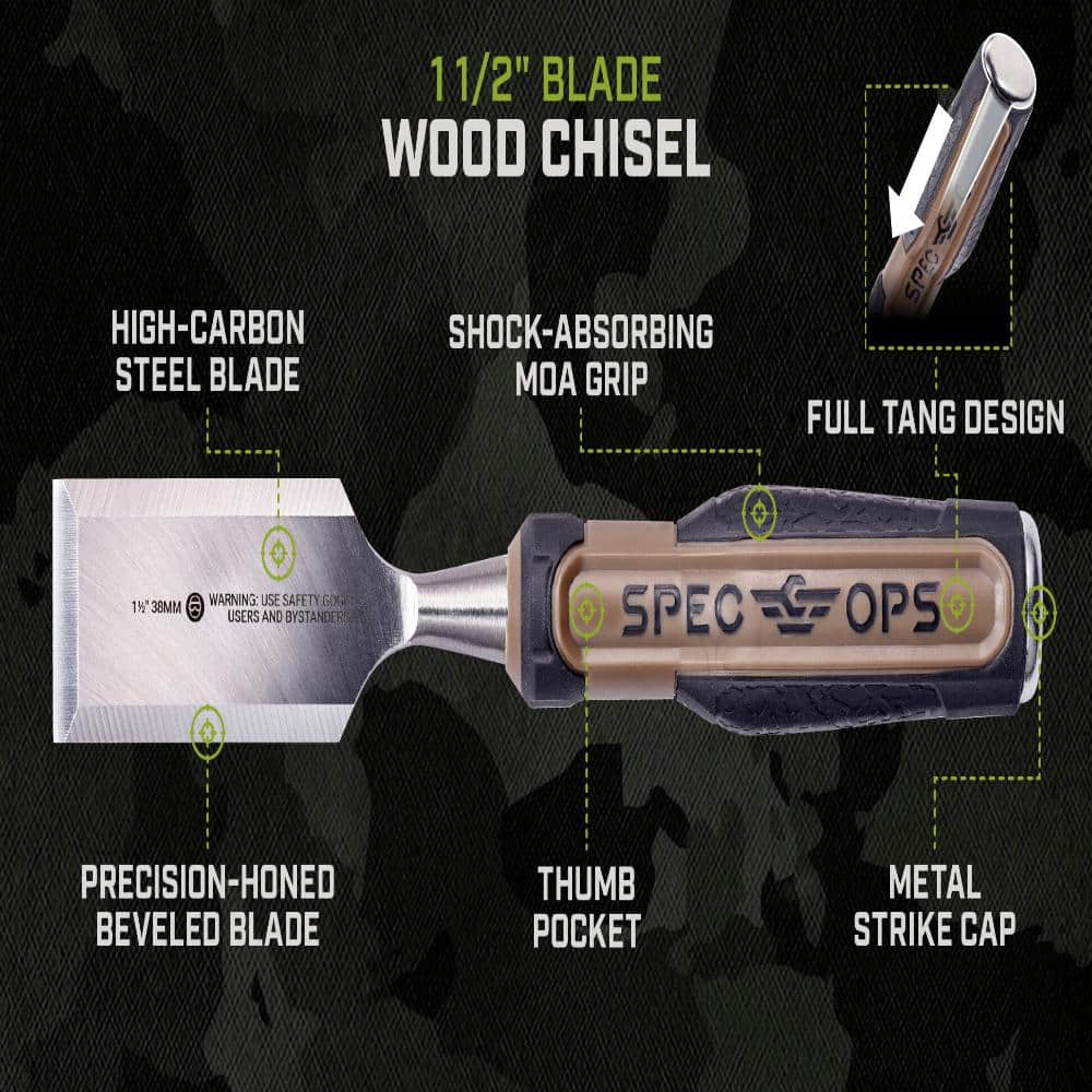 SPEC OPS 1-1/2 in. Wood Chisel, High-Carbon Steel Blade With Beveled Sides, Shock-Absorbing Grip With Thumb Pocket (2)