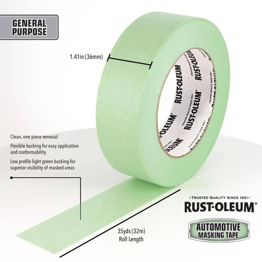 Rust-Oleum General Purpose Automotive Masking Tape, Mint Green, 36mm" x 32m, Single Roll (3)