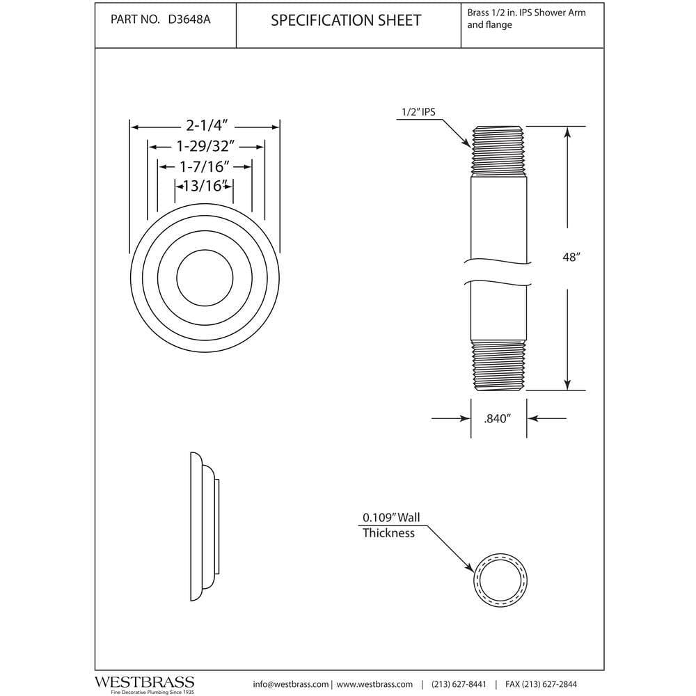 Westbrass 1/2 in. IPS 48 in. Round Ceiling Mount Shower Arm with Flange (2)