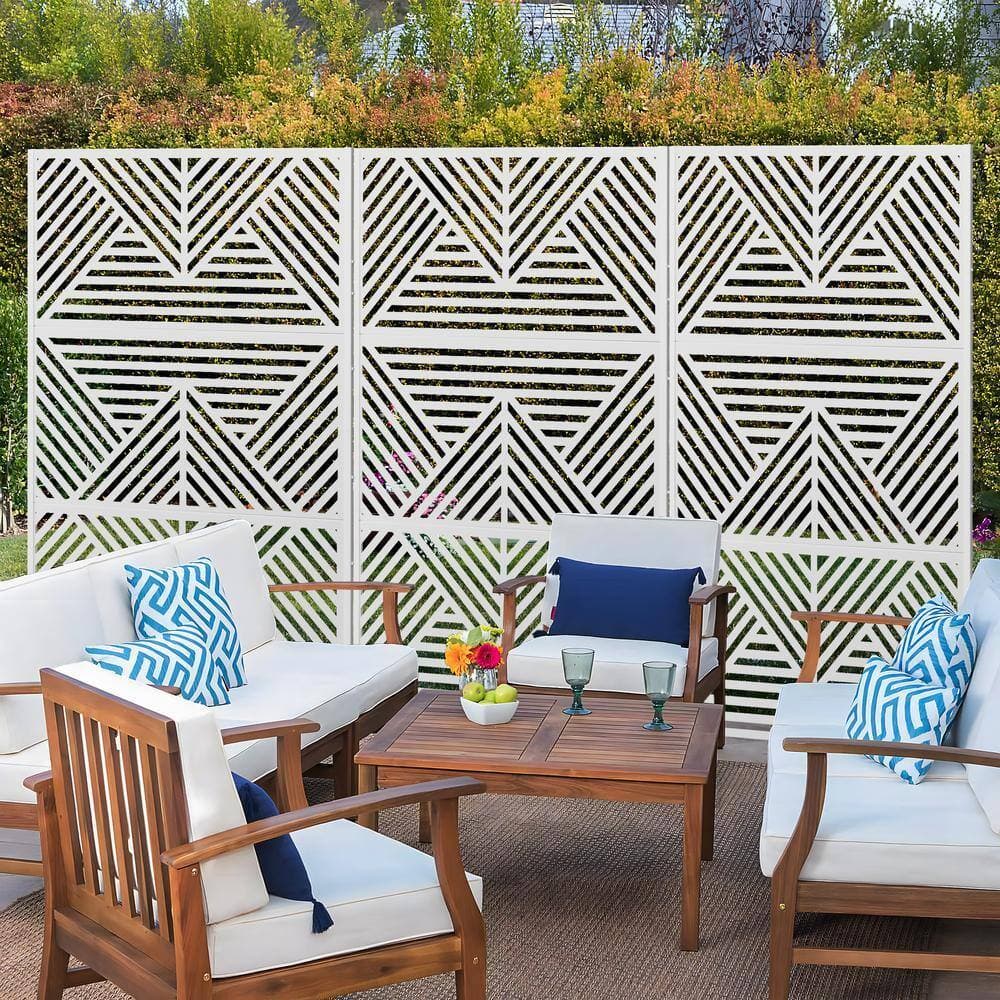 Lirago 72 in. x 47 in. Outdoor Metal Privacy Screen Garden Fence in Zodiac Pattern in White (3)