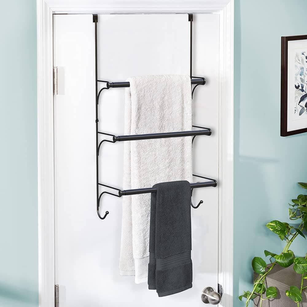 Anqtovp 3-Tier Towel Rack in Black Over-the-Door Bath Accessory with Hooks Adjustable for Modern Bathroom Storage (3)