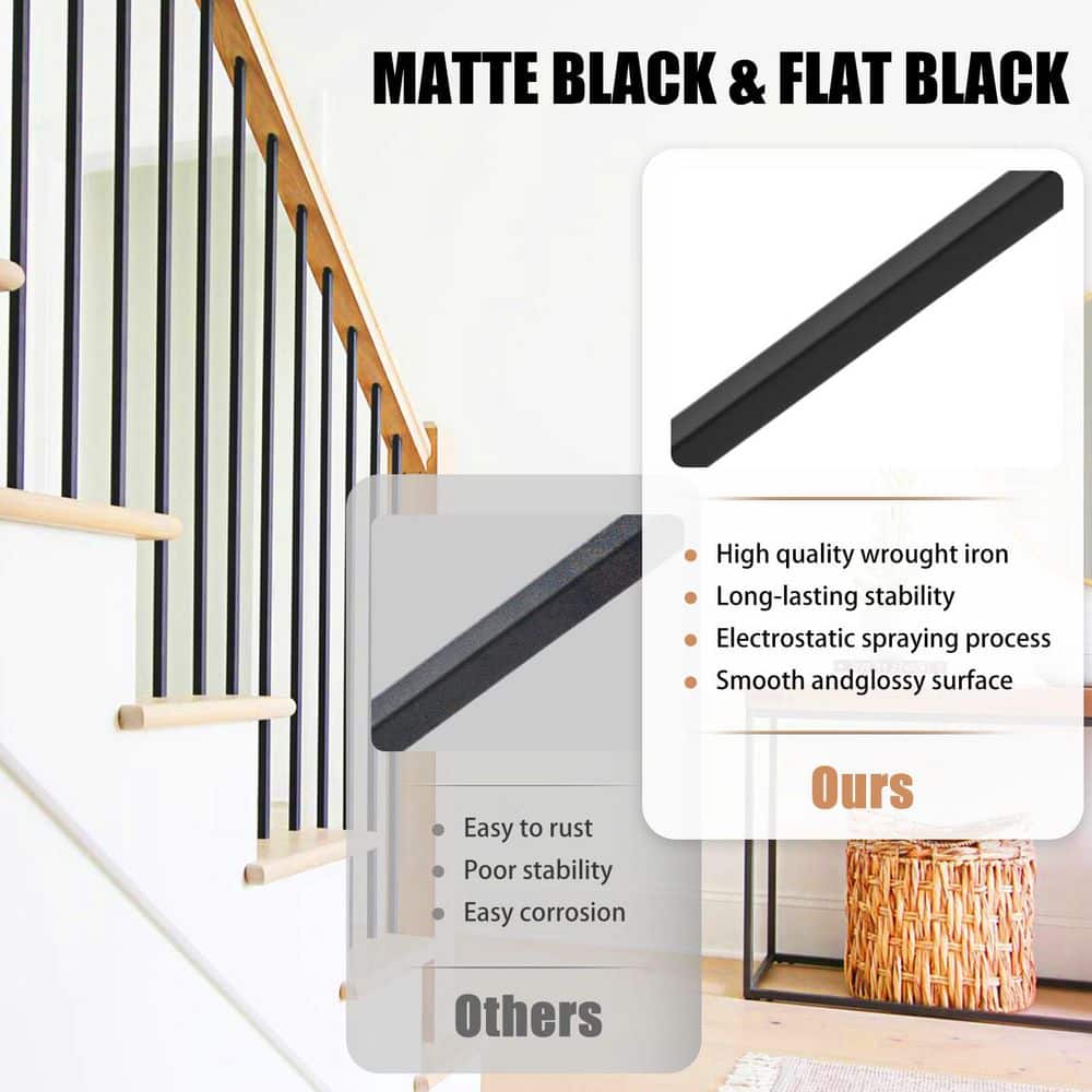 Afoxsos 44x1/2 Satin Black Wrought Iron Baluster Hollow Straight Bar Metal Staircase Deck Railing Spindles 15-Pack (3)
