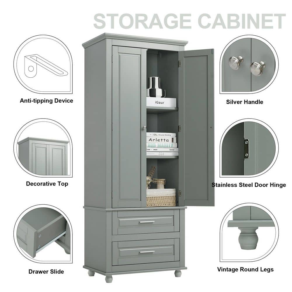 MEDUNJESS BAYA 24 in. W x 16 in. D x 63 in. H Gray Wooden Storage Linen Cabinet with Three Drawers for Bathroom (3)
