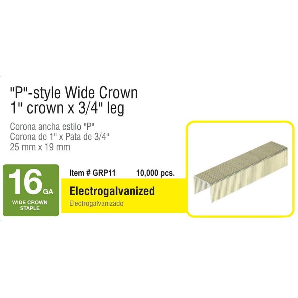 Grip-Rite 1 in. x 3/4 in. 16-Gauge Adhesive Collated Electrogalvanized P-Style Wide Crown Finishing Staples 10000 Per Box (1)