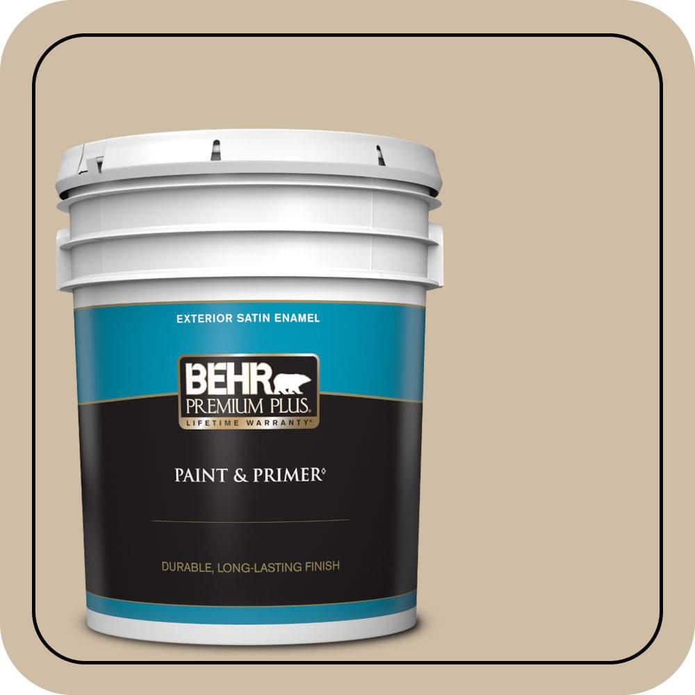 BEHR PREMIUM PLUS 5 gal. #PWL-83 Distant Tan Satin Enamel Exterior Paint & Primer