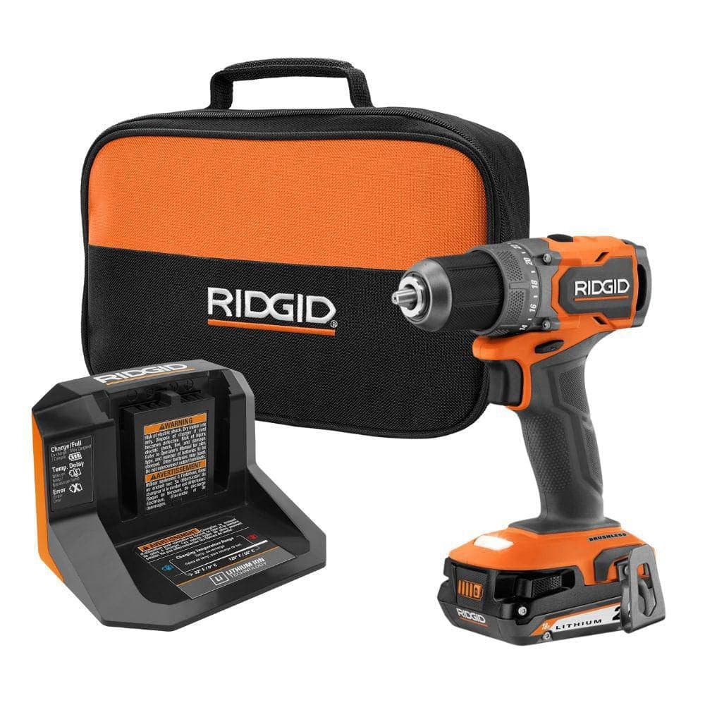 RIDGID 18V SubCompact Brushless Cordless 1/2 in. Drill/Driver Kit with (2) 2.0 Ah Batteries, Charger, and Tool Bag