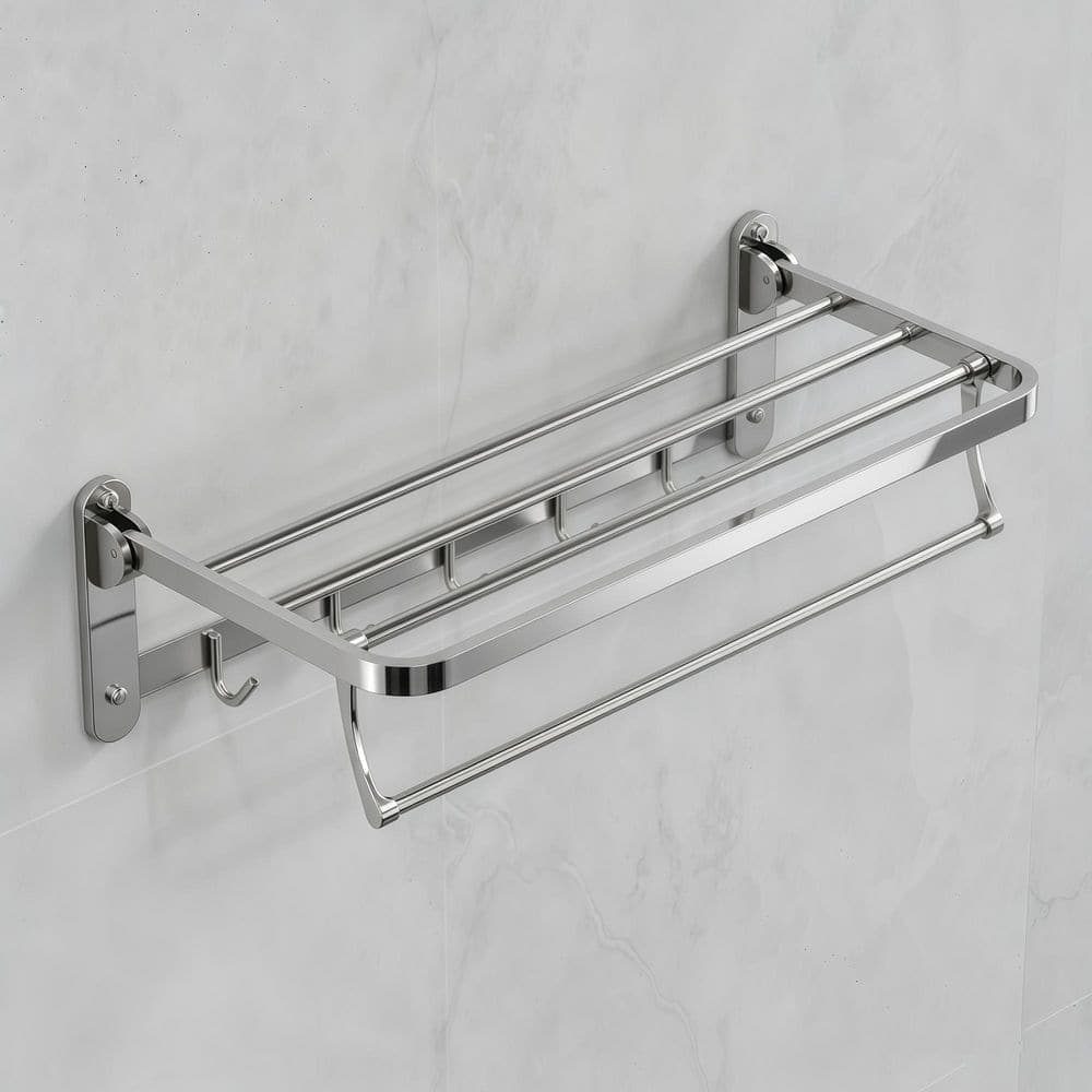 GRANDJOY 1-Piece Foldable Towel Rack Wall Mount with Shelf, Stainless Steel Screw-in with Mounting Hardware in Chrome (1)