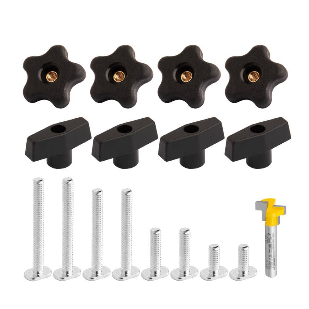 ‎POWERTEC 5/16-18 in. T Slot Bolts and Threaded Knobs Set with 5/8 in. Dia. x 3/16 in. H x 1/4 in. Shank T Slot Router Bit (1)