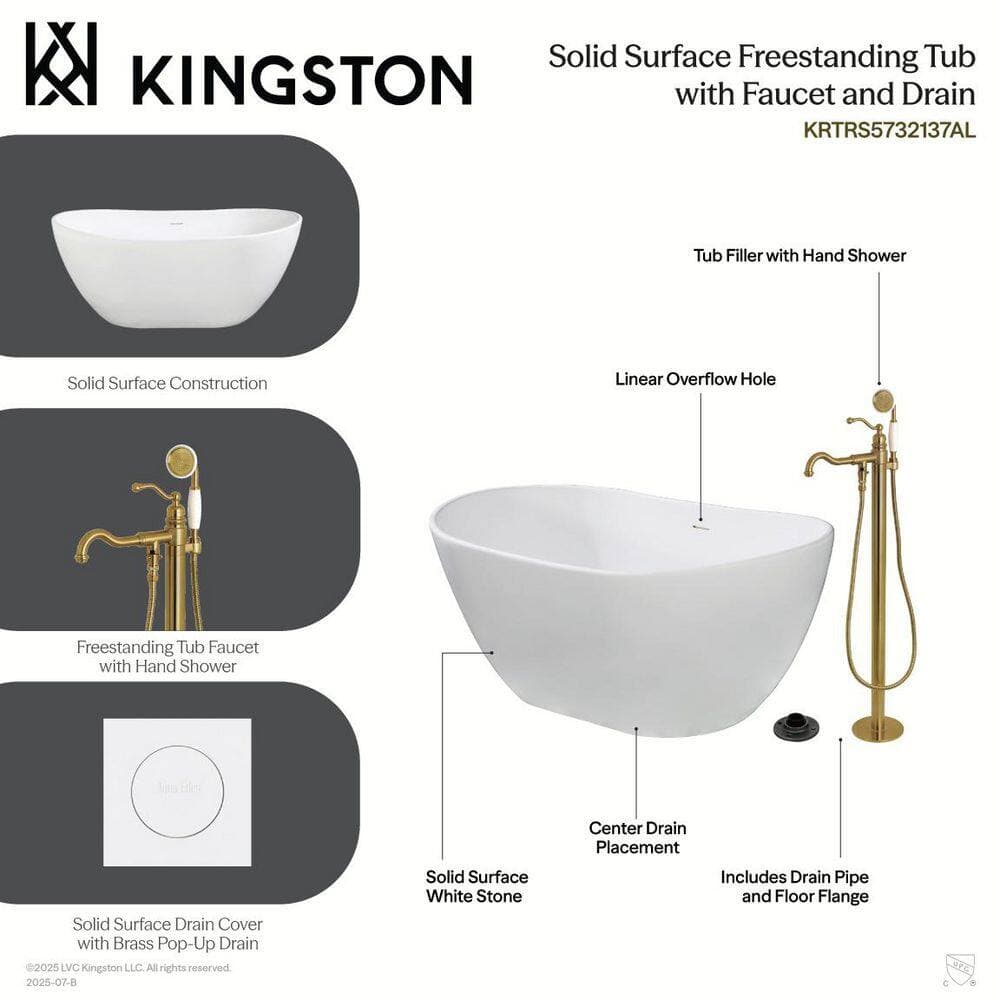 Kingston Brass Arcticstone 56.3 in. x 32.3 in. Surface White Stone Flatbottom Soaking Freestanding Bathtub in White/Matte Black (3)