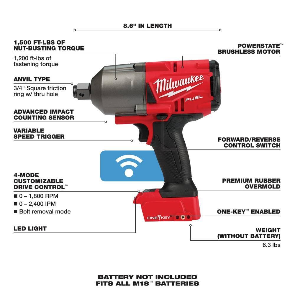 Milwaukee M18 FUEL ONE-KEY 18V Lith-Ion Brushless Cordless 3/4 in. Impact Wrench w/ Friction Ring w/ FORGE 8.0Ah Battery & Charger (3)