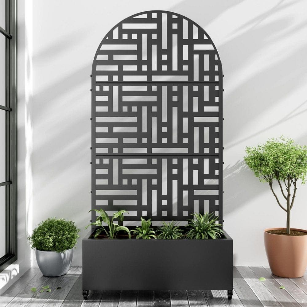 Lumioca 71.37 in. H x 35.1 in. W Black Metal Arch Outdoor Planting Box with Climbing Frame Decorative Art Panel (1)