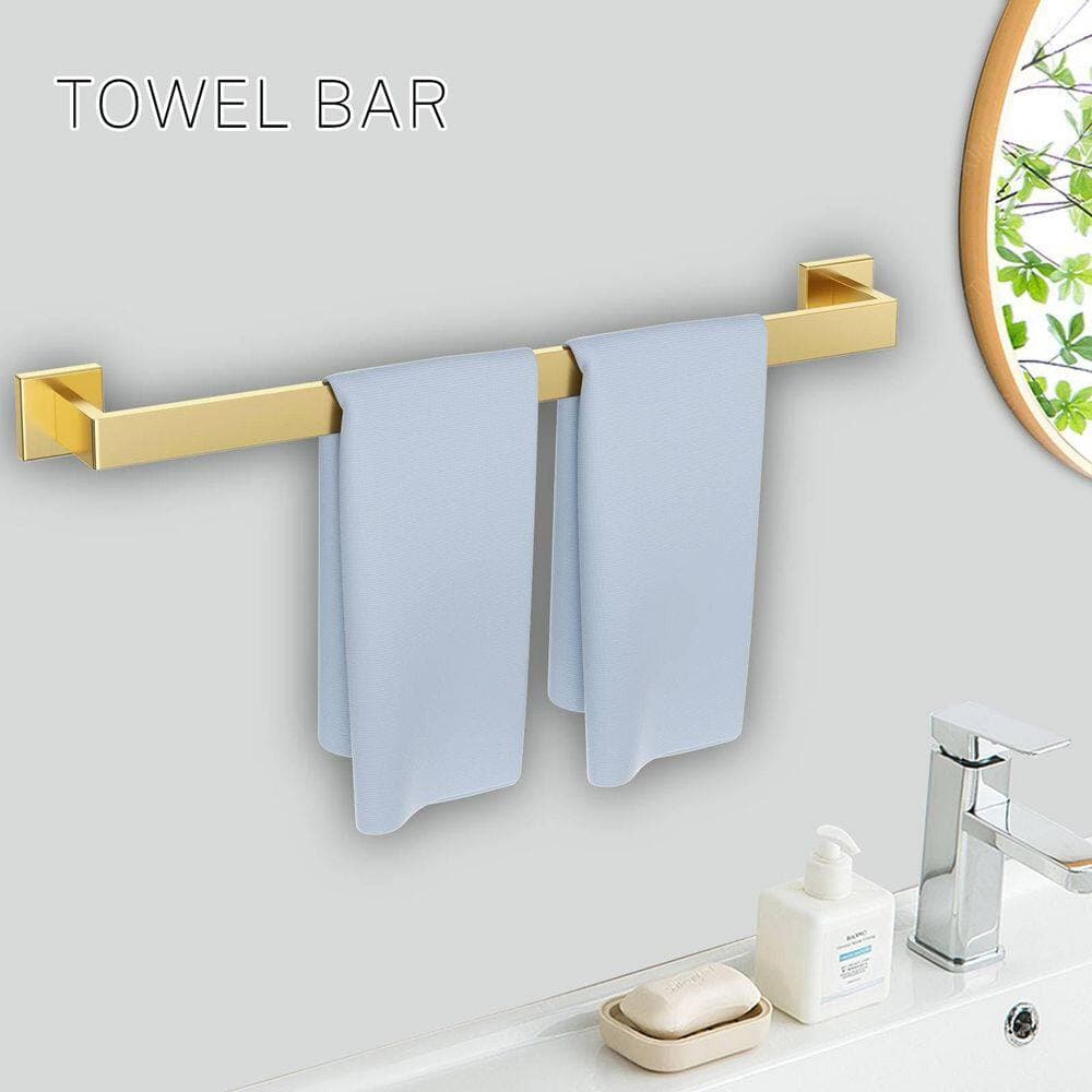 KHKFY 5-Piece Brushed Gold Bathroom Hardware Set with Stainless Steel Wall-Mounted Towel Bar, 23.6 in. (2)