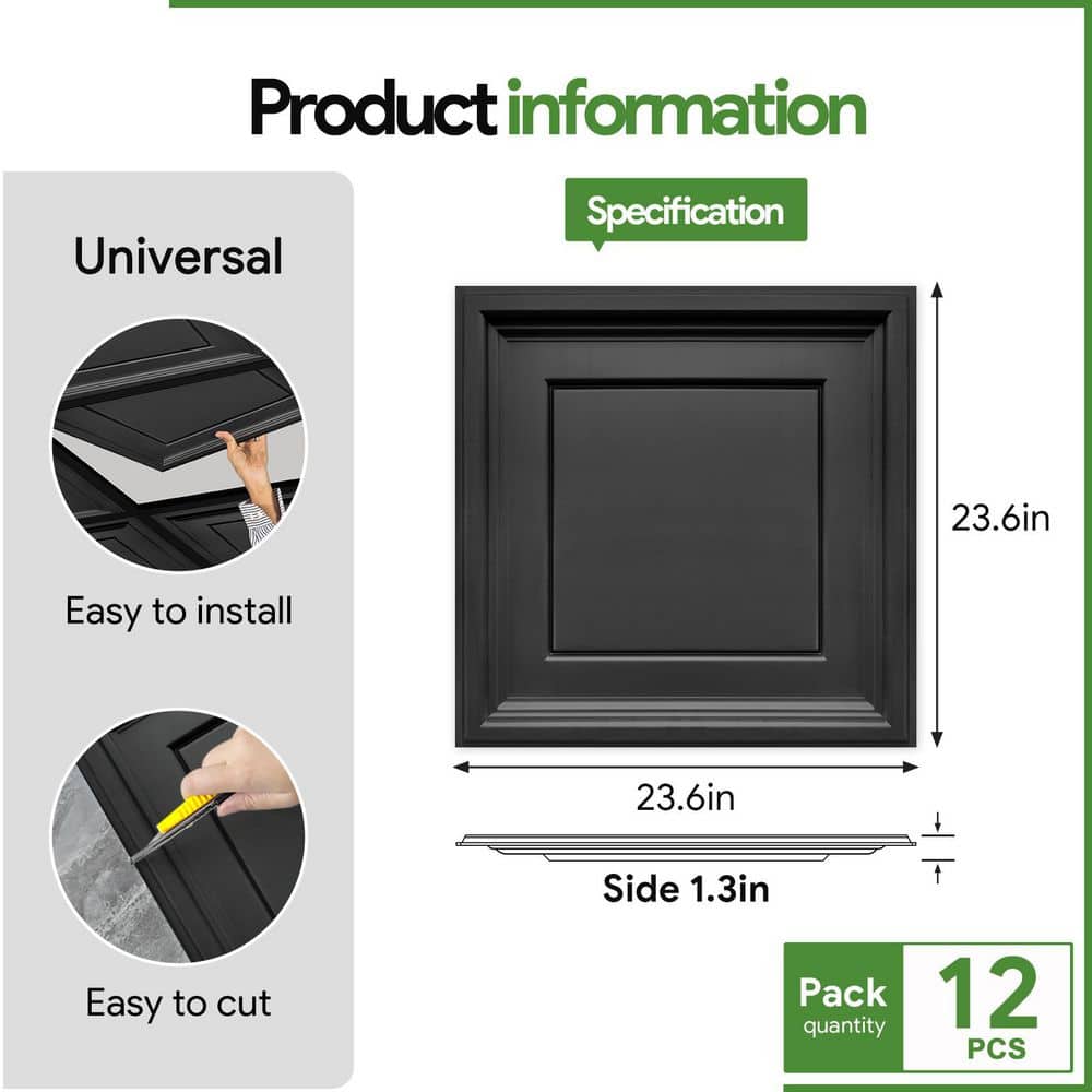 Fasarxiu Black 2 ft. x 2 ft. Decorative Textured Waterproof Washable and Fire-Rated PVC Ceiling Tile 48(sq. ft. / case)12 Tiles (2)
