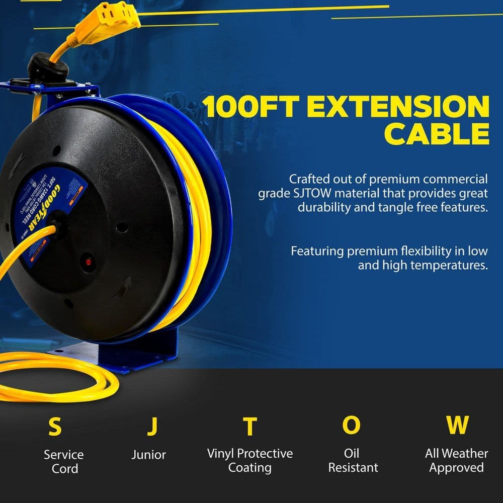 Goodyear 100 ft. 14/3 13 Amp Retractable Extension Cord Reel with 3-Grounded Outlets and Tri-Tap End (2)