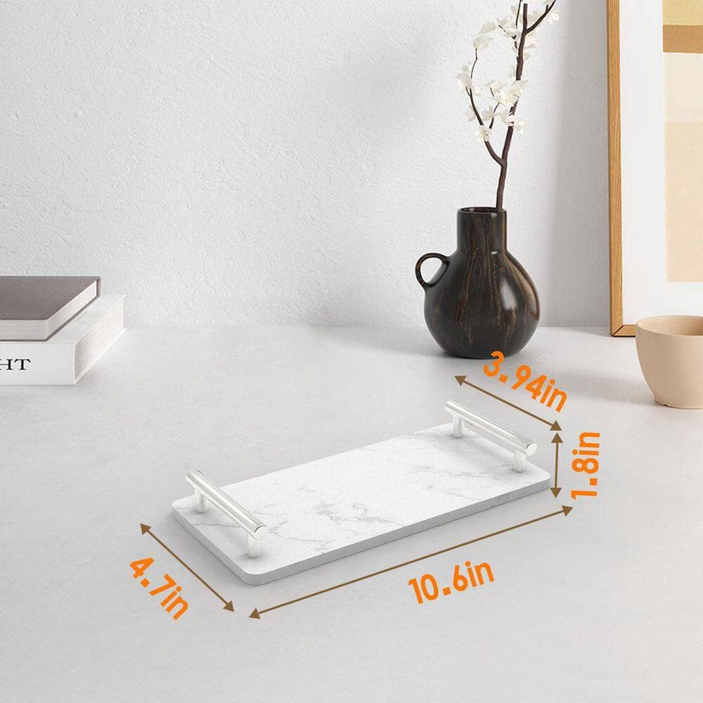 Wudkey Freestanding Bathroom Tray with Handles in Silver, Marble Slab Napkin Holder for Bathroom Vanity Kitchen Countertop (2)