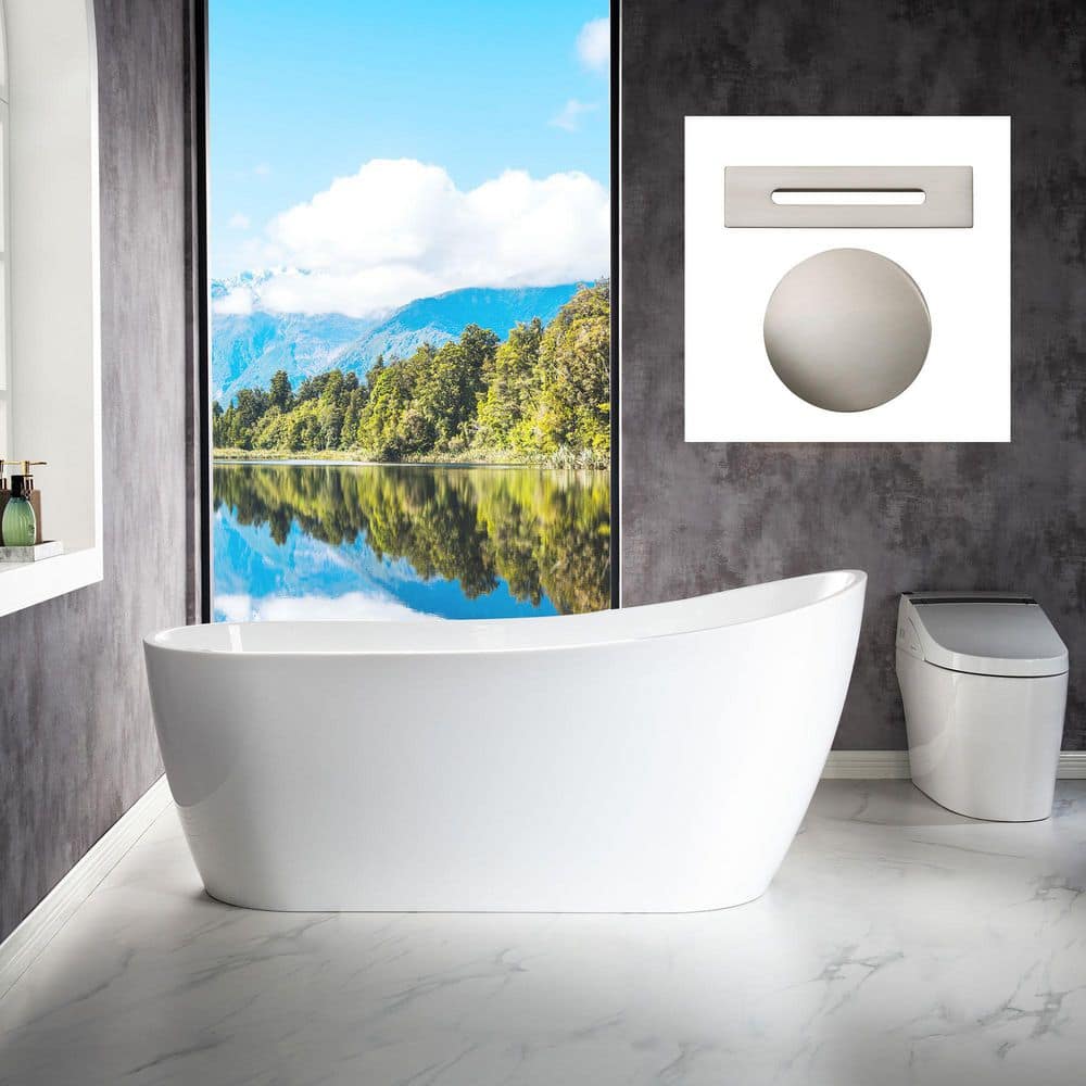 WOODBRIDGE Auch 67 in. Acrylic FlatBottom Single Slipper Bathtub with Brushed Nickel Overflow and Drain Included in White (1)