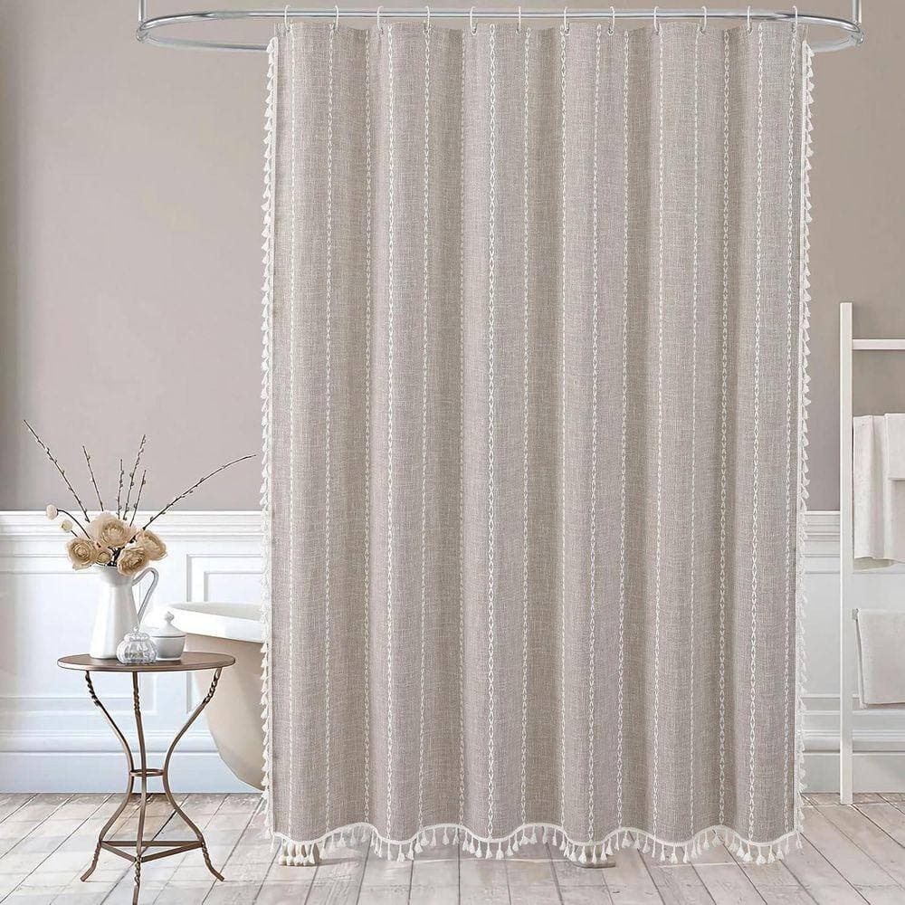 JFVKAF Boho Farmhouse 72 x 72 Fabric Shower Curtain Modern Cotton Linen Tassel Weighted Thick Waterproof Tan Brown (2)