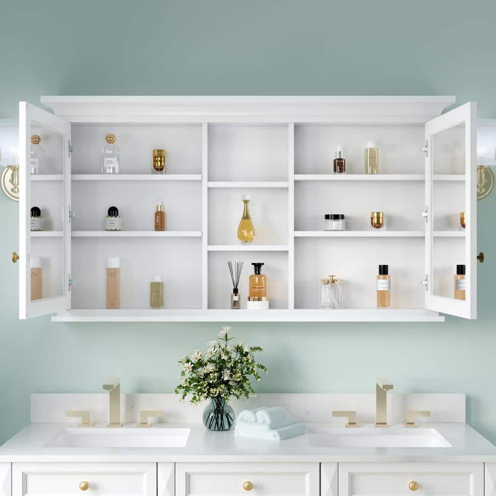 ANGELES HOME 55 in. W 30 in. H Solid Wood Frame Bathroom Medicine Cabinet with Mirror, Soft-Closed Doors, Easy Hang (4)