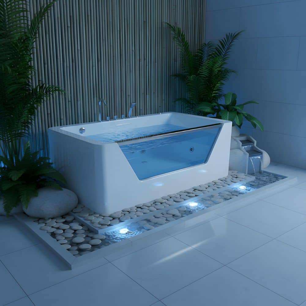 LIVACA 67 in. x 32 in. Whirlpool Jetted Bathtub with Rectangle Drain in Milk White Acrylic and Tempered Glass Panel (2)
