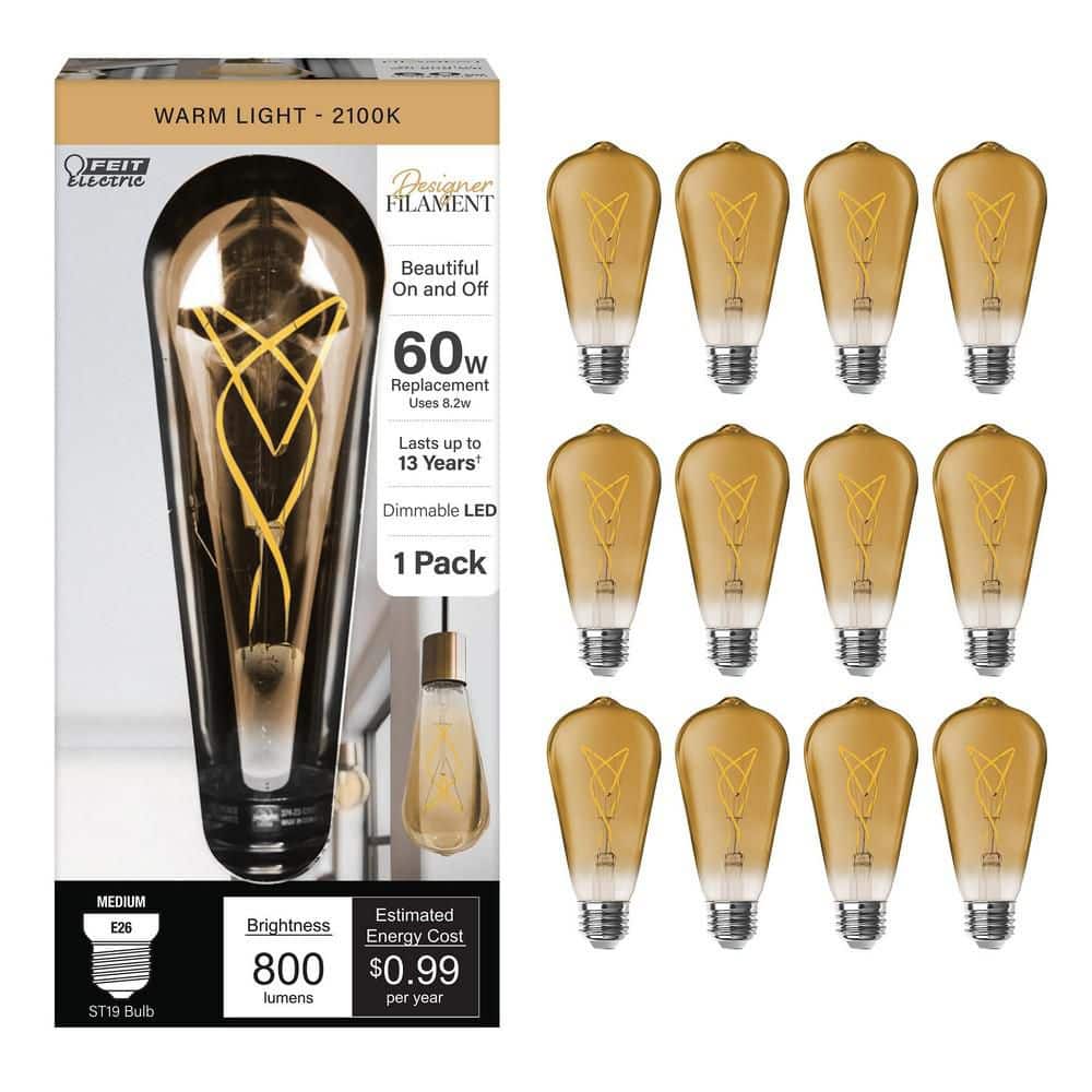 Feit Electric 60-Watt Equivalent ST19 Knot Thin Filament Amber Glass E26 Vintage Edison LED Light Bulb Warm White 2100K (12-Pack)