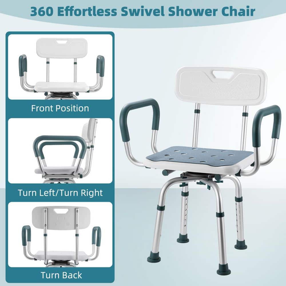 Wudkey 400 lb. Aluminum Swivel Shower Chair in White Blue with Arms, Back and Adjustable Height, Shower Seat for Elderly (3)