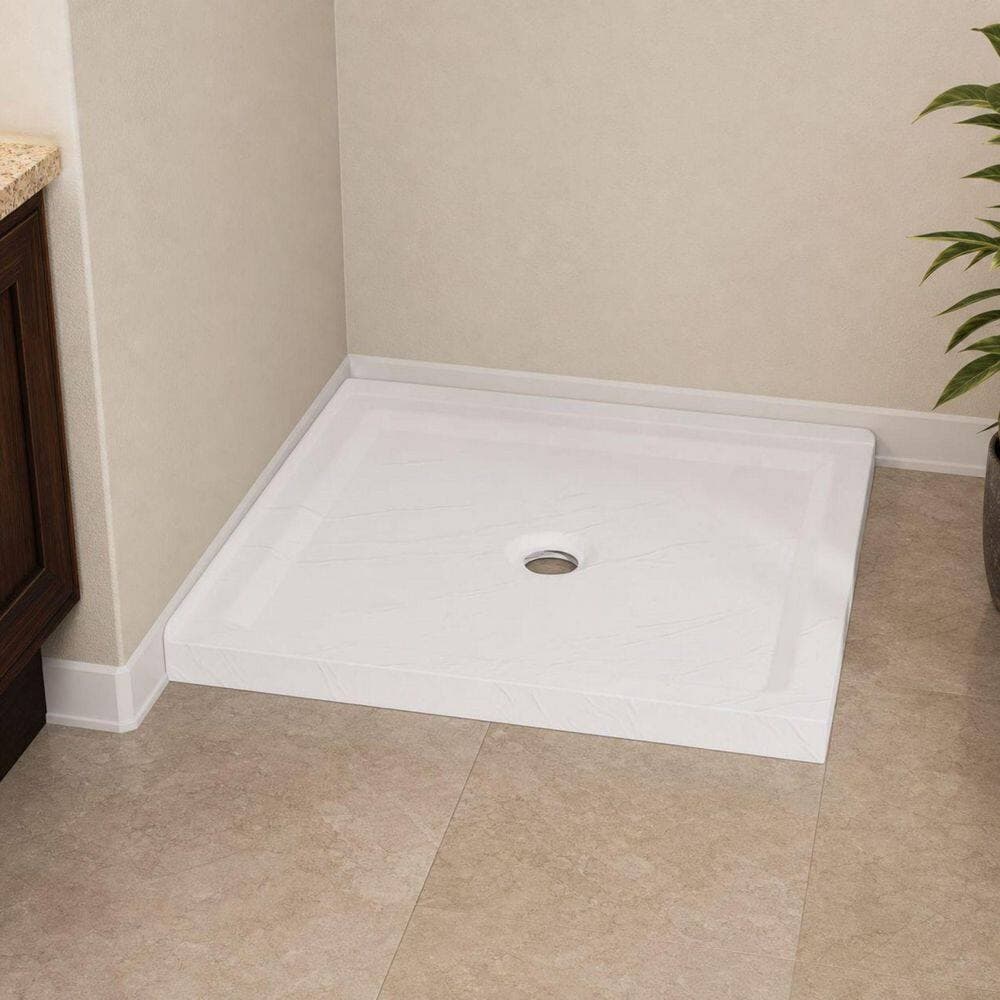 WELLFOR 36 in. L x 36 in. W x 3.3 in. H Alcove Square Acrylic Anti-Slip Shower Pan Base with Center Drain in Slate White (2)