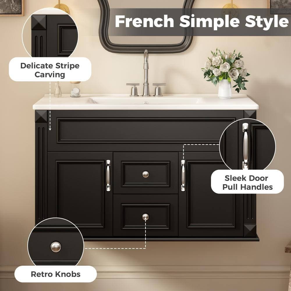 Unbranded 36 in. Floating Bathroom Vanity with Ceramic Sink, French Country Wall-Mounted Bathroom Cabinet, Multi-Storage Design (3)