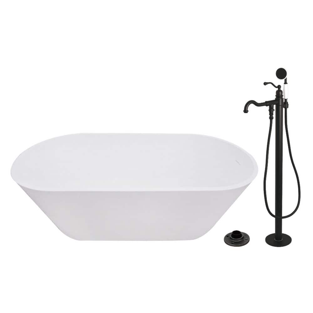 Kingston Brass Arcticstone 66.9 in. x 31.5 in. Surface White Stone Flatbottom Soaking Freestanding Bathtub in White/Matte Black (1)
