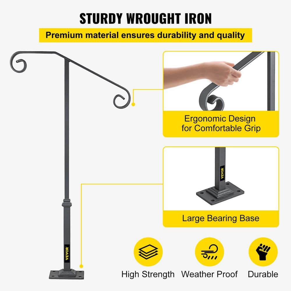 Laybus 3.2 ft. 1-2 Steps Outdoor Stair Railing, Single Post Wrought Iron Handrail for Concrete Step or Wooden Stairs with Base (2)