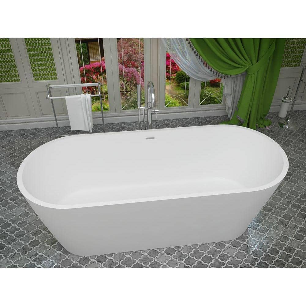 ANZZI Kosima Series 67 in. x 28 in. Flat Bottom Solid Surface Freestanding Soaking Bathtub with Center Drain in Matte White (2)