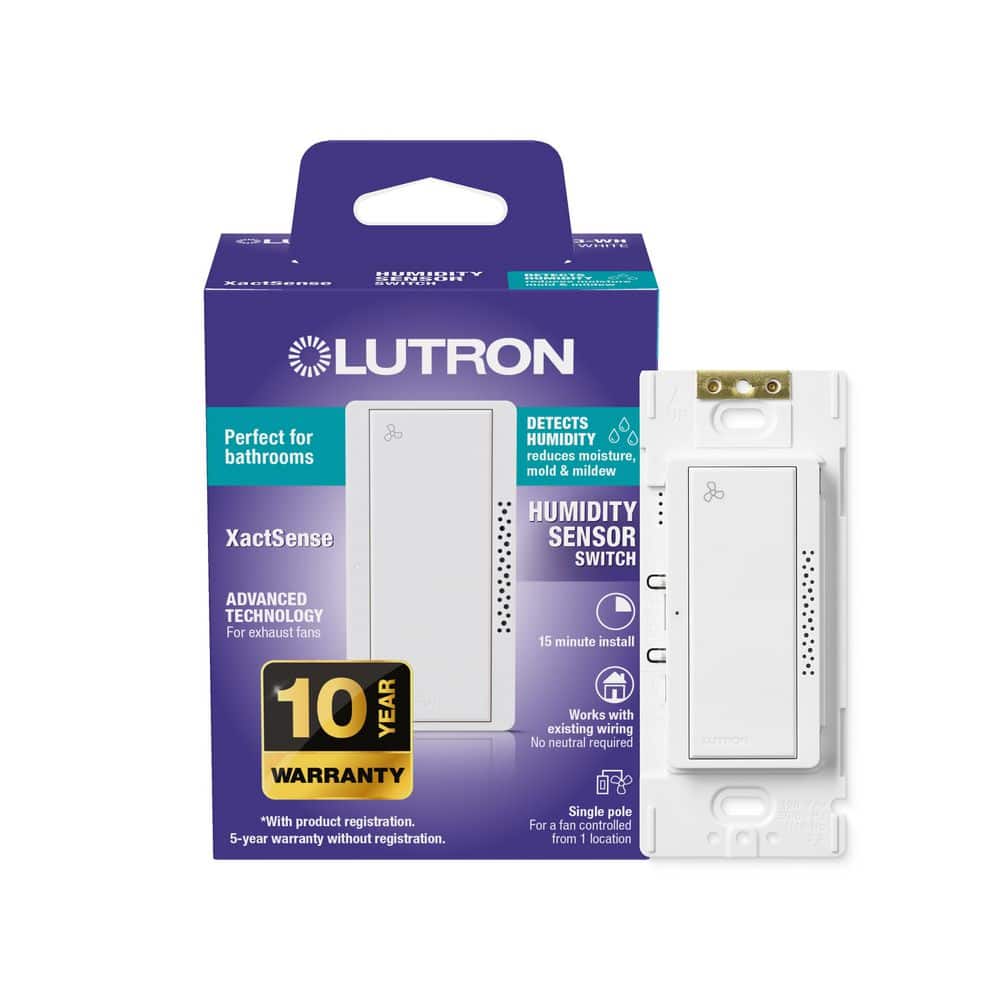 Lutron XactSense Humidity Sensor Switch for Bathroom Exhaust Fans, 3 Amp, Single-Pole, White (MS-HS3-WH) (1)