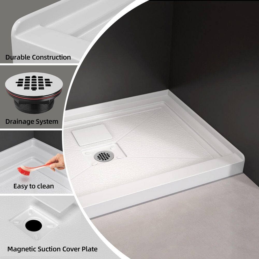 Zeafive Siba 48 in. L x 32 in. W Acrylic Alcove Shower Pan Base with Center Drain in White Non-Slip Single Threshold RV/Bathroom (2)