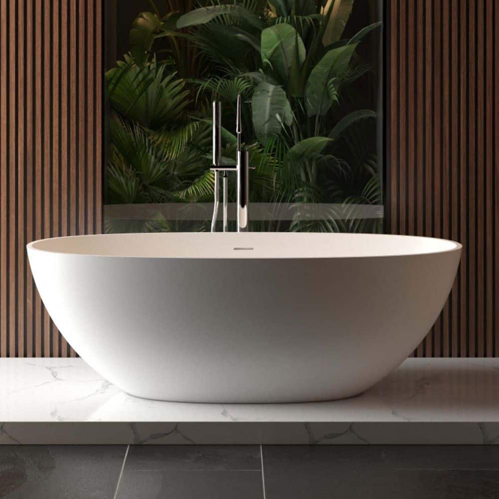 INSTER 65 in. L x 29.5 in. W Solid Surface Stone Resin Freestanding Soaking Bathtub with Center Drain in Matte White (1)