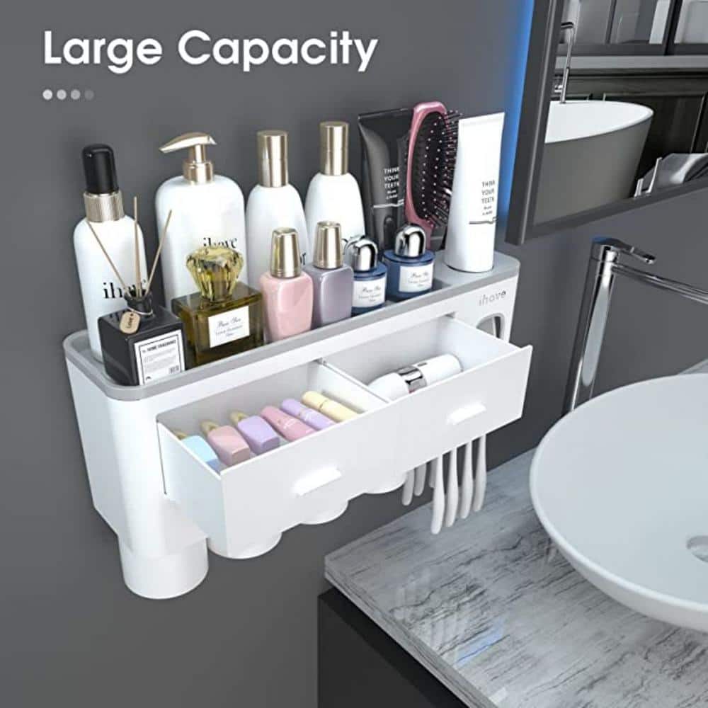 Dyiom Toothbrush Holders for Bathrooms, 4 Cups Toothbrush Holder Wall Mounted with Toothpaste Dispenser, Large Capacity Tray (3)