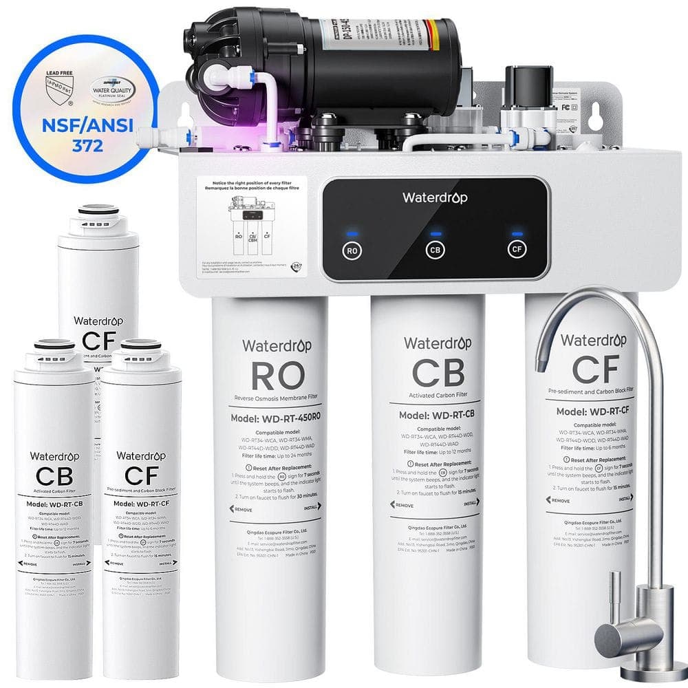 Waterdrop WD-T3-C Reverse Osmosis Water Filtration System 8-Stage 450G Tankless Extra 1-Year Combo Filter (2 CF Plus 1 CB)