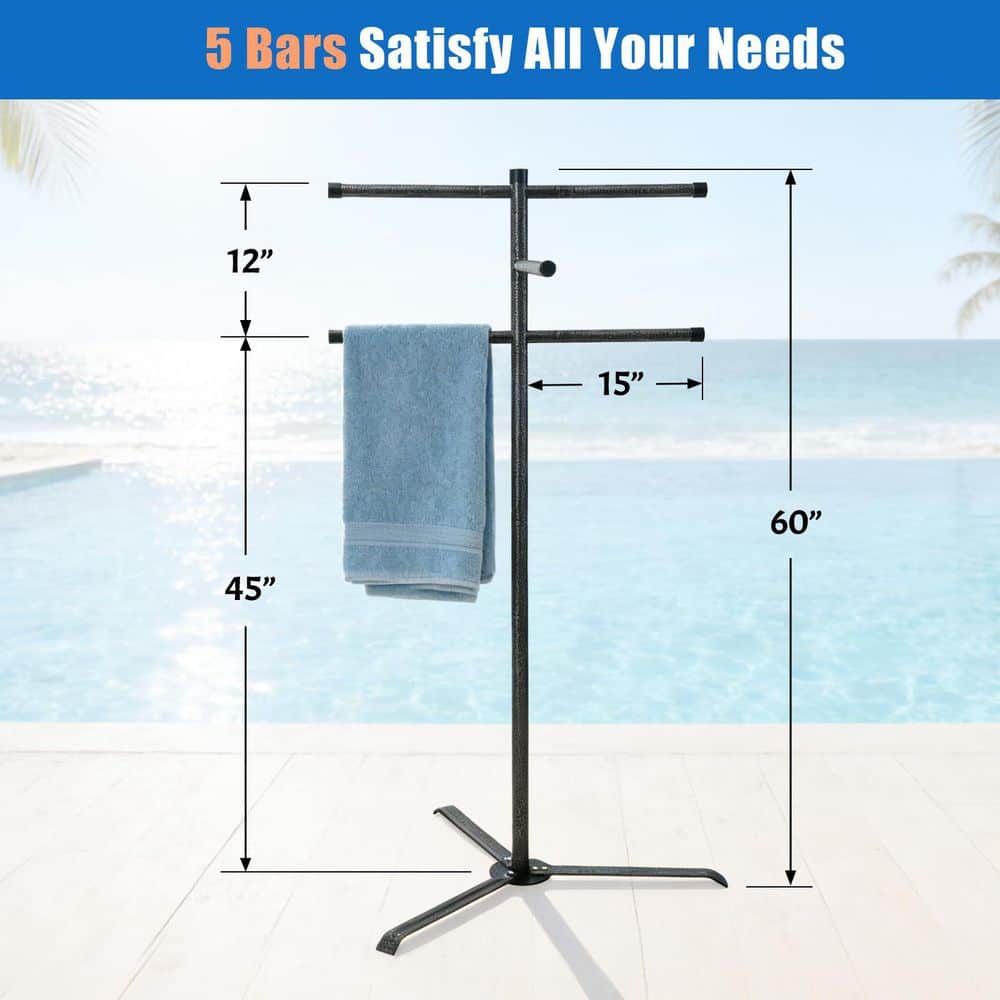 Anqtovp 5 Bar 60" Towel Rack in Black Metal Finish, Outdoor Free Standing Bath Accessory for Poolside Spa Hot Tub Use (2)