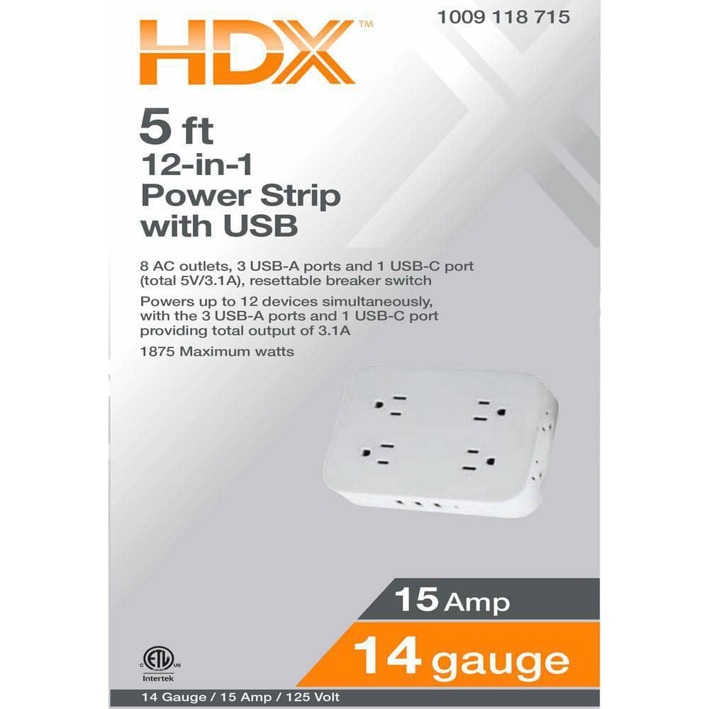 HDX 12-in-1 5ft. Indoor Extension Cord with 8-Outlet Power Strip 3 USB-A and 1 USB-C Ports (2)