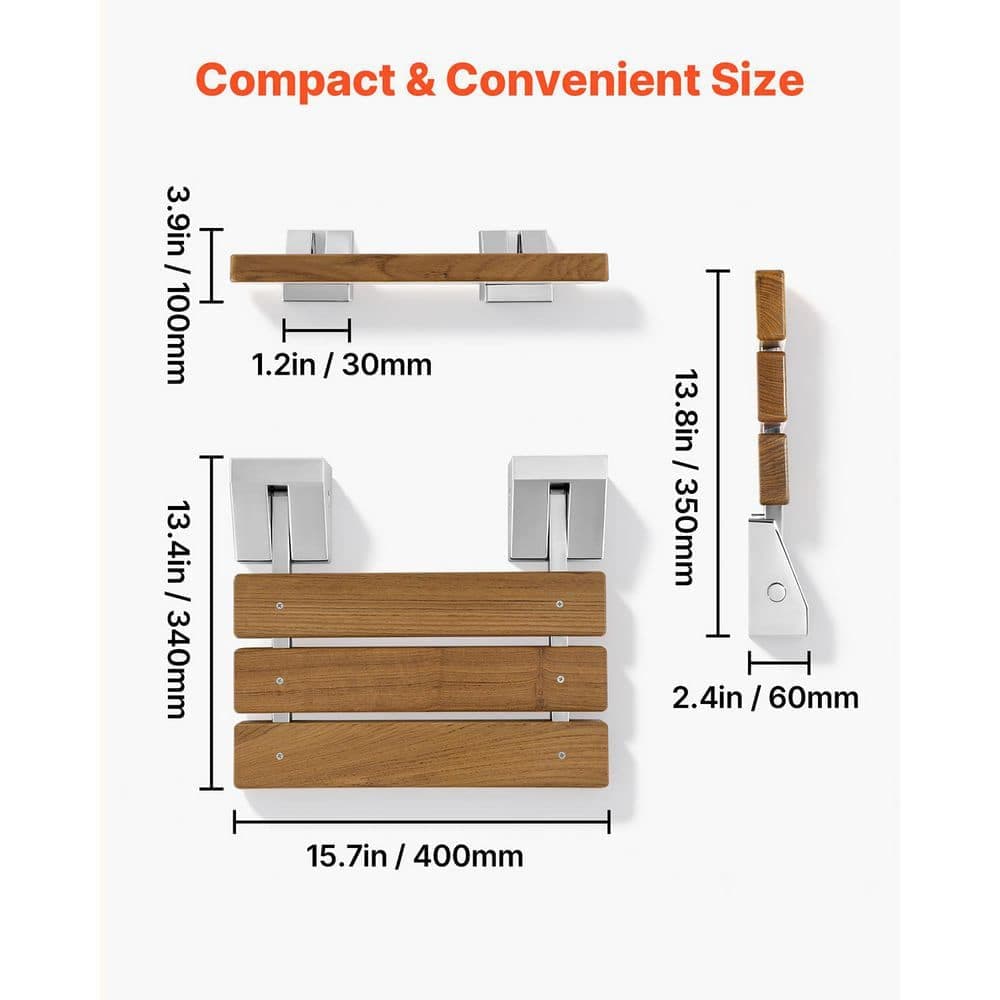VEVOR Foldable Shower Seat Wall Mounted, 15.7 in. Teak Folding Bench, 330lbs. Bathroom Seat, Stainless Steel Frame, Waterproof (2)