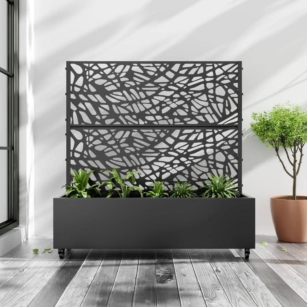 Dovelina Large 47 in. x 47 in. Black Metal Raised Garden Bed Planter Box with Trellis and Caster (1)
