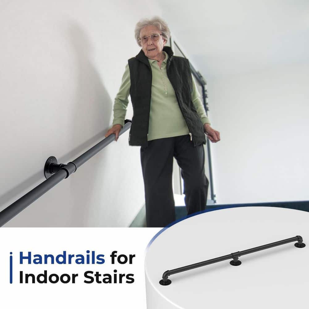 Unbranded 5 ft. Black Iron Handrail Indoor Wall Mount Non-Slip Safety Rail for Stairs Basement Porch Deck Industrial (3)