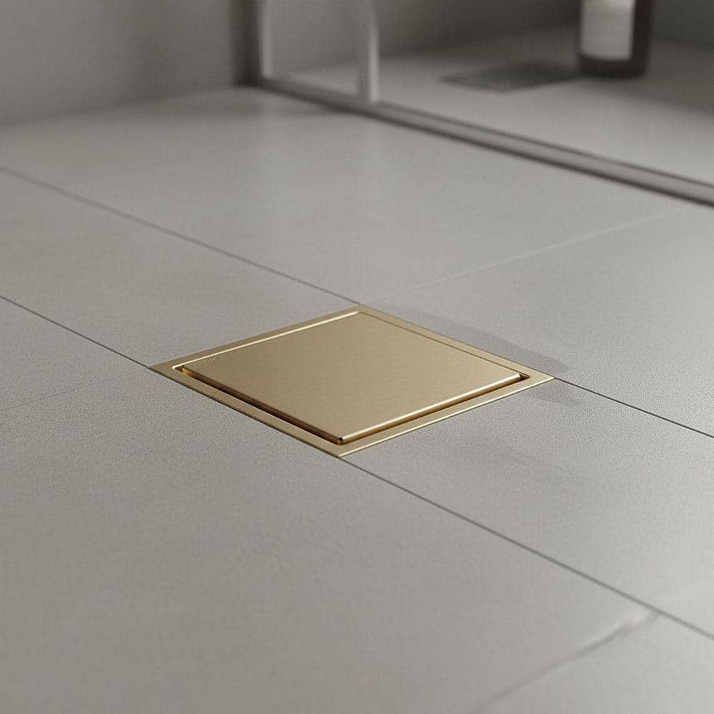 VEVETTA 6 in. x 6 in. Stainless Steel Square Tile-In Shower Drain in Brushed Gold (2)