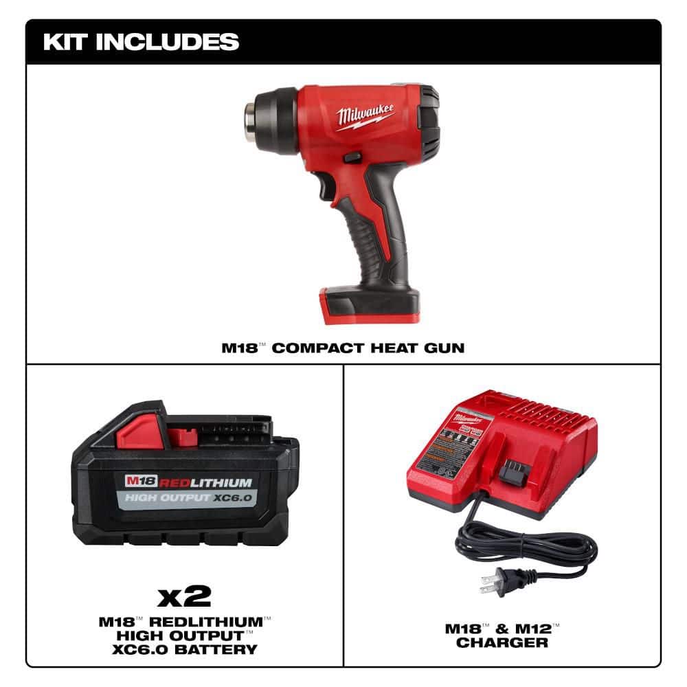 Milwaukee M18 18V Lithium-Ion Cordless Compact Heat Gun w/ Two 6.0 Ah Battery and Charger (2)
